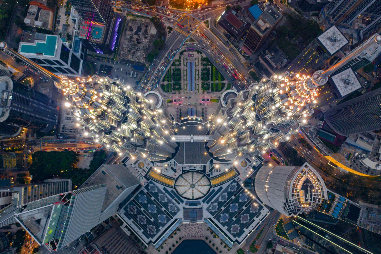 Aerial top-down view of the Petronas Twin Towers